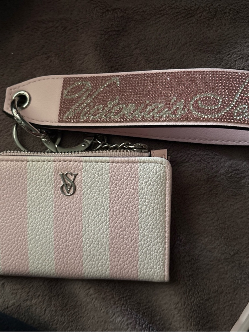 Victoria's Secret Pink & White Striped Wallet Clutch with Rhinestone Strap